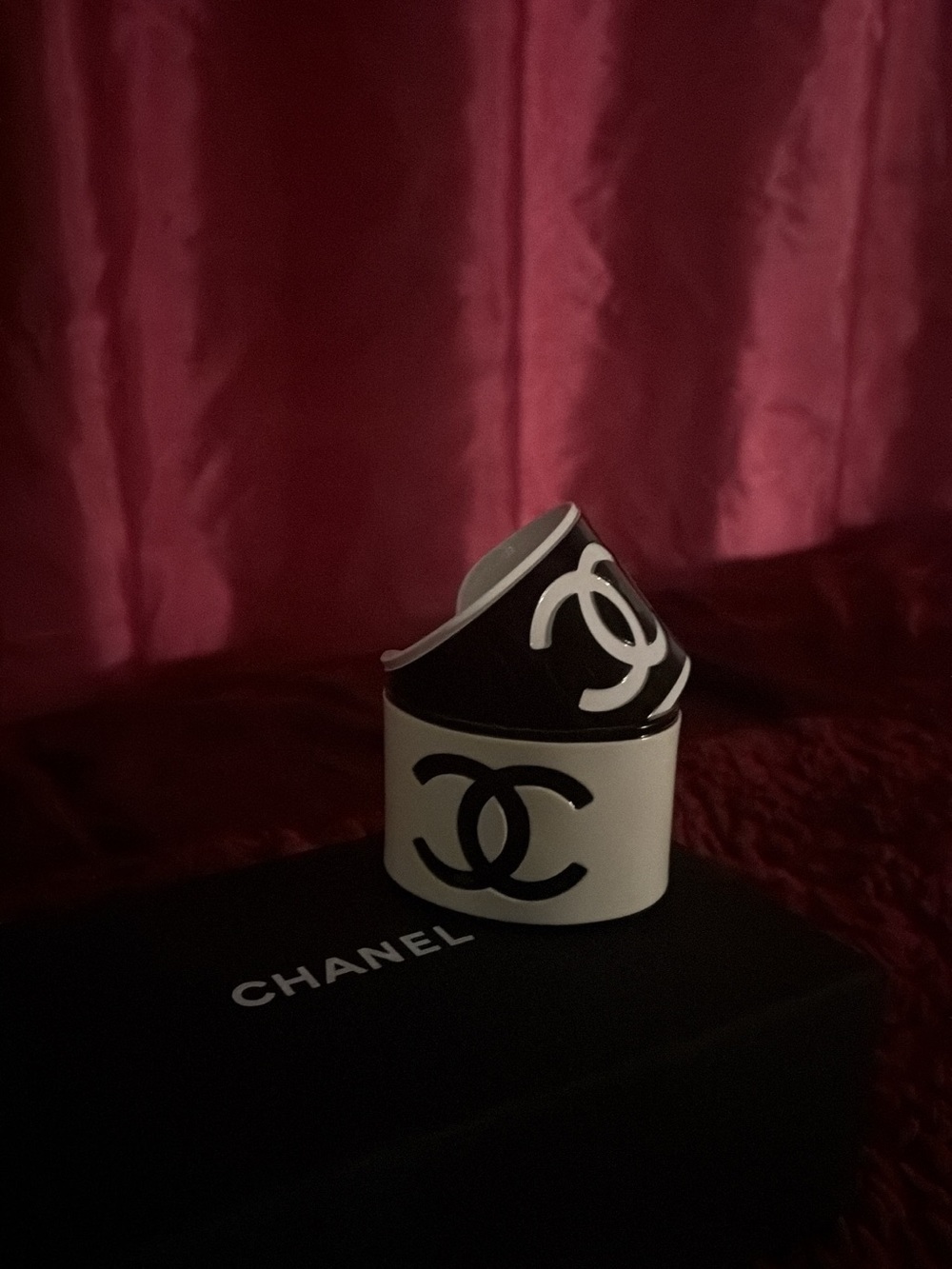CHANEL Black and White Resin CC ying yang Open Cuff Bracelet